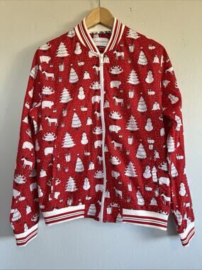 Denim & Flower Ricky Singh Mens Long Sleeve Zip Jacket Red White Snowman Trees M